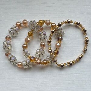 Hand Beaded Artisan Crystal Bracelet Stack Flowers and Butterflies